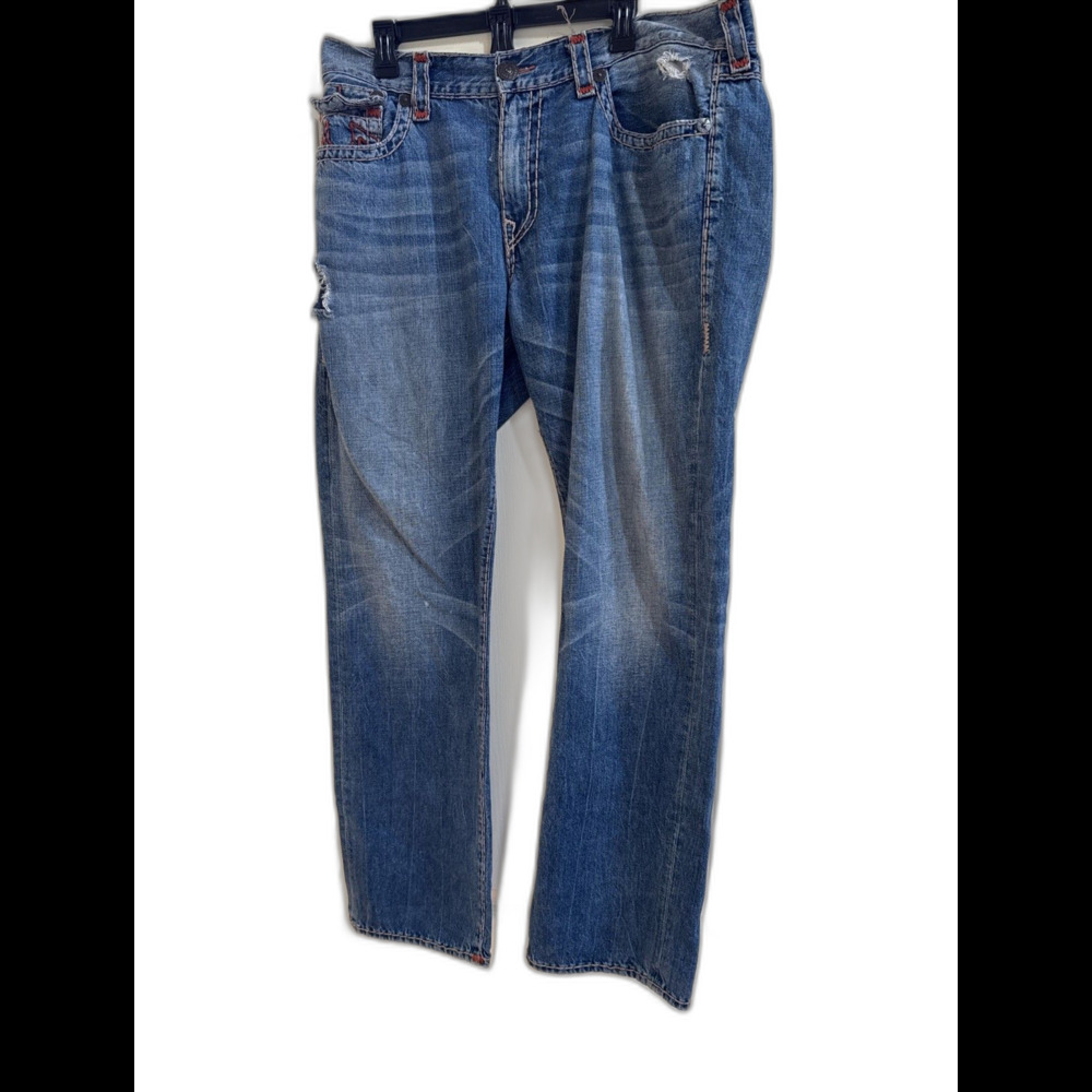 True Religion Men's Ricky Relaxed Straight Jeans Size 40 DistressedRed Stitching